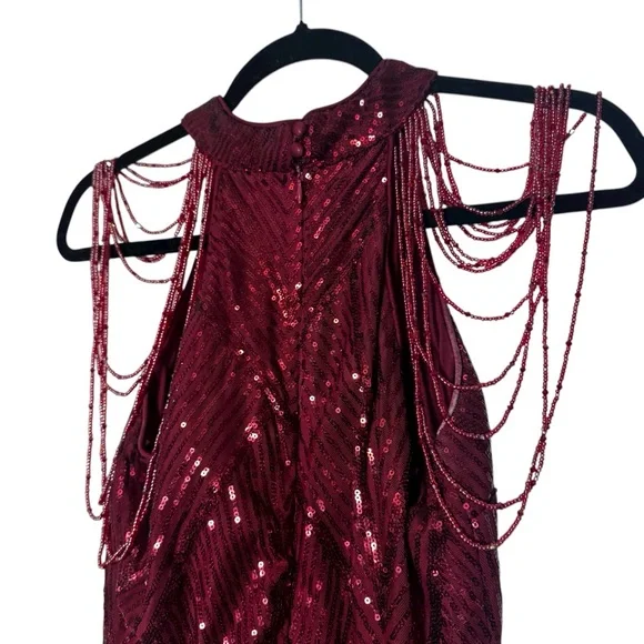 NWOT Miss Ord Burgundy Sequin Halter with Beads Floor Length Dress Size Medium - Picture 7 of 12